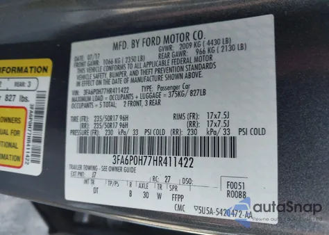 2017 Ford Fusion Se из США, поврежденный, VIN 3FA6P0H77HR411422